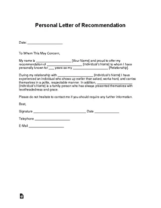 Forms Personal Letter Of Recommendation For Employment