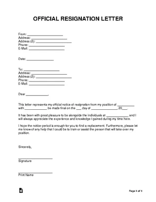 Forms Simple Resignation Letter Template
