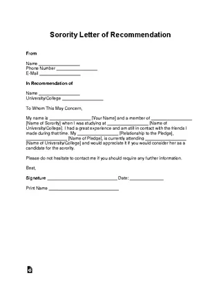 Forms Sorority Recommendation Letter Template