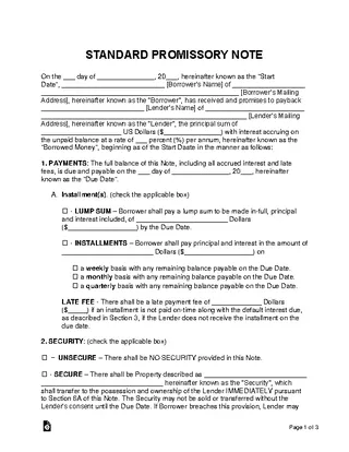 Forms Standard Promissory Note Template