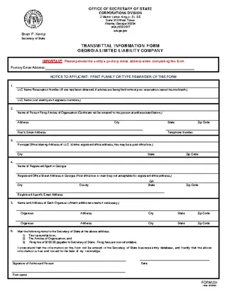 Forms Transmittal Form Limited Liability Companies 231
