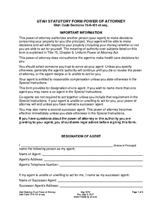 Forms Utah Statutory Durable Financial Power Of Attorney Form