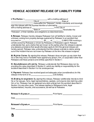 Forms Vehicle Accident Release Of Liability Form
