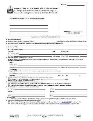 Forms Vermont Foreign Certificate Of Authority