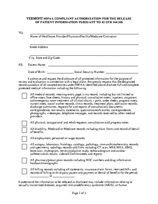 Vermont Hipaa Medical Release Form