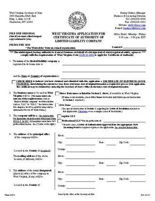 West Virginia Certificate Of Organization