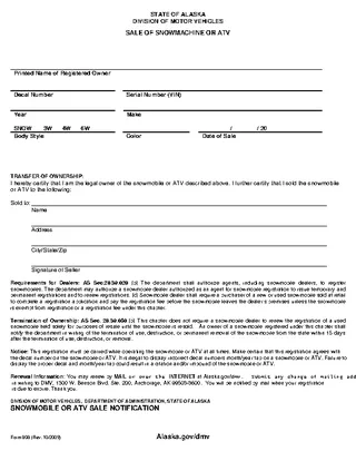 Alaska Atv Snow Machine Bill Of Sale Form 808