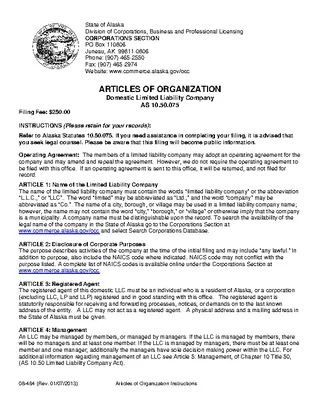 Forms Alaska Domestic Articles Of Organization Llc