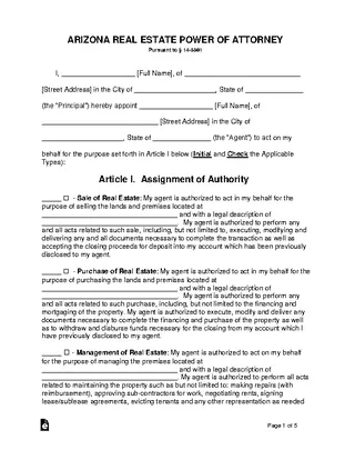 Arizona Real Estate Power Of Attorney Form