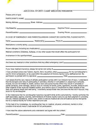Forms Arizona Sports Camp Medical Release Form
