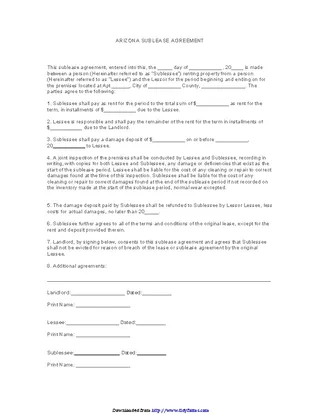 Forms Arizona Sublease Agreement Form