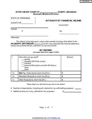 Arkansas Affidavit Of Financial Means Form
