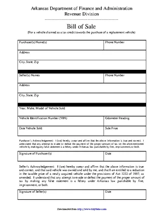 Forms Arkansas Bill Of Sale Vehicle Used As Credit