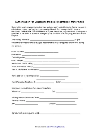 Authorization For Consent To Medical Treatment Of Minor Child