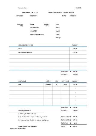 Forms Auto Repairinvoice Free Excel Format Template