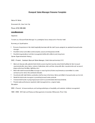 Forms Banquet Sales Manager Resume Template