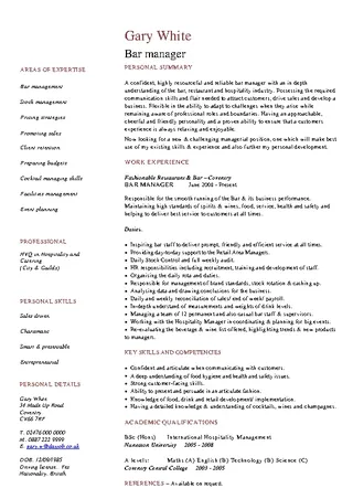 Forms Bar Manager Resume Template