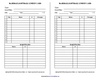Forms Baseball Lineup Sheets