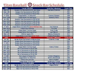 Forms Baseball Snack Schedule Template