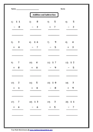Basic Addition And Subtraction Worksheet Template