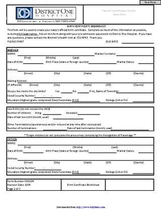 Birth Certificate Worksheet