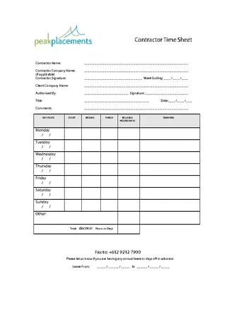 Blank Contractor Timesheet Template Download In Pdf Format
