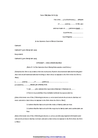 British Columbia Affidavit Desk Order Divorce Form