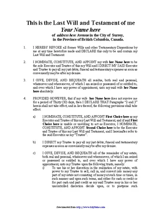 Forms British Columbia Last Will And Testament Form