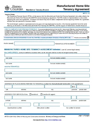 British Columbia Manufactured Home Site Tenancy Agreement Form