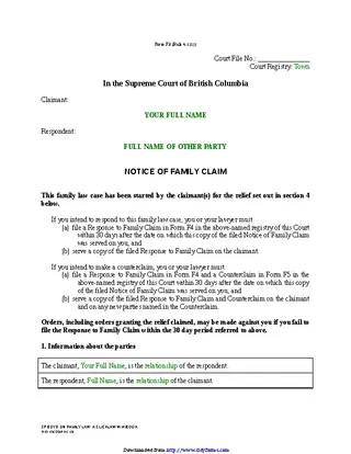 British Columbia Notice Of Family Claim Form