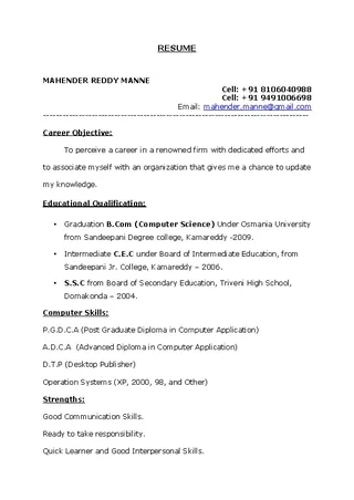 Forms Btech Freshers Resume Format Template