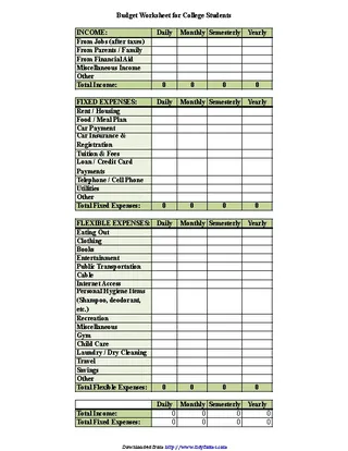 Forms Budget Worksheet For College Students