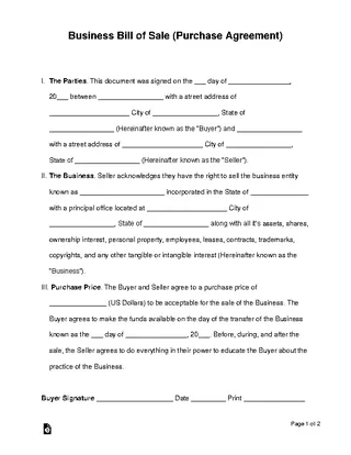 Business Bill Of Sale Purchase Agreement