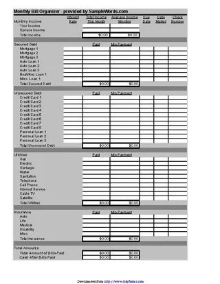 Forms Business Bill Organizer Chart