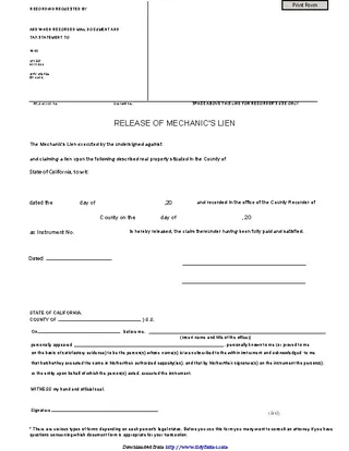 California Mechanic Lien Release Form
