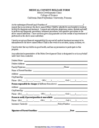 California Medical Consent And Release Form For Minor Child