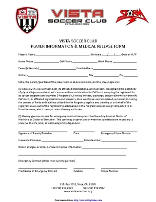 Forms California Player Medical Release Form