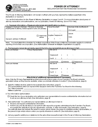 California Power Of Attorney Declaration For The Franchise Tax Board Form