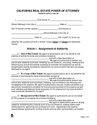 California Real Estate Power Of Attorney Form