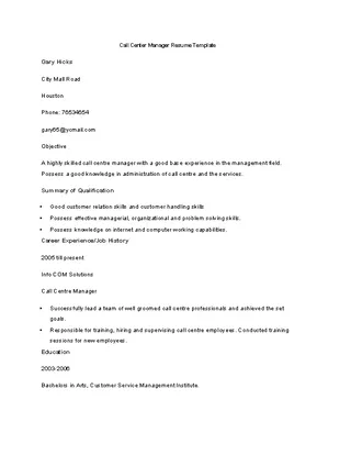 Forms Call Centre Manager Resume Template