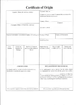 Forms Caricom Certificate Of Origin Template