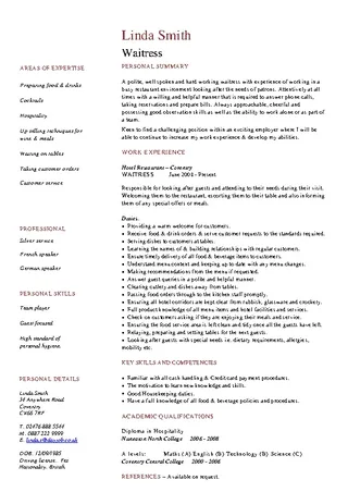 Forms Catering Server Resume