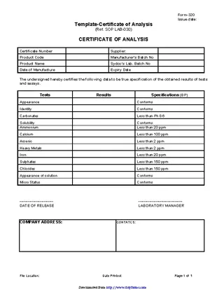 Forms Certificate Of Analysis Template