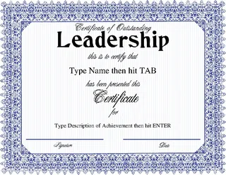 Forms Certificate Of Outstanding Leadership With A Formal Blue Frame Design