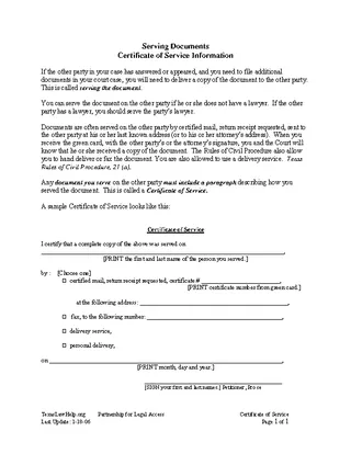 Forms Certificate Of Service Information Template