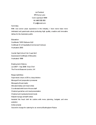 Forms Chef Resume Templates Microsoft Word