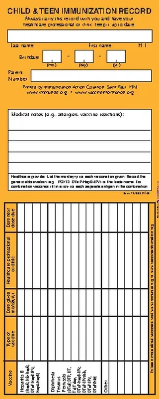 Child And Teen Immunization Record Card