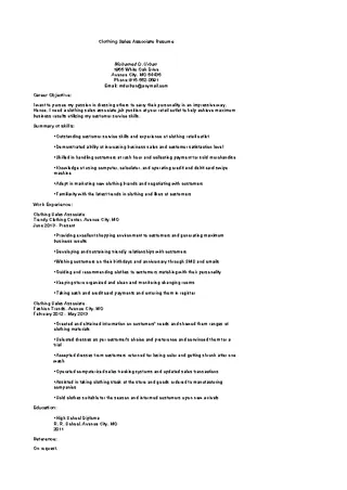 Forms Clothing Sales Associate Resume