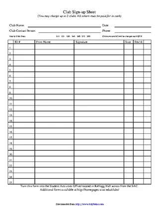 Forms Club Sign Up Sheet Template
