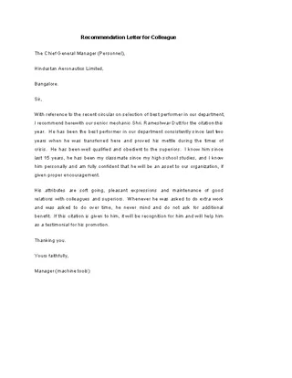 Forms Colleague Recommendation Letter Template
